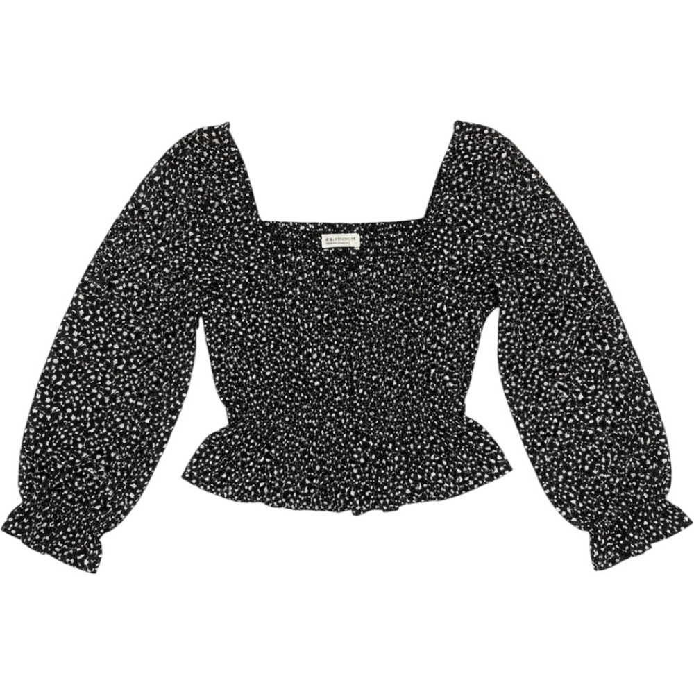 Paper Crane Black Floral Smocked Peplum Top Long Puff Sleeve XS